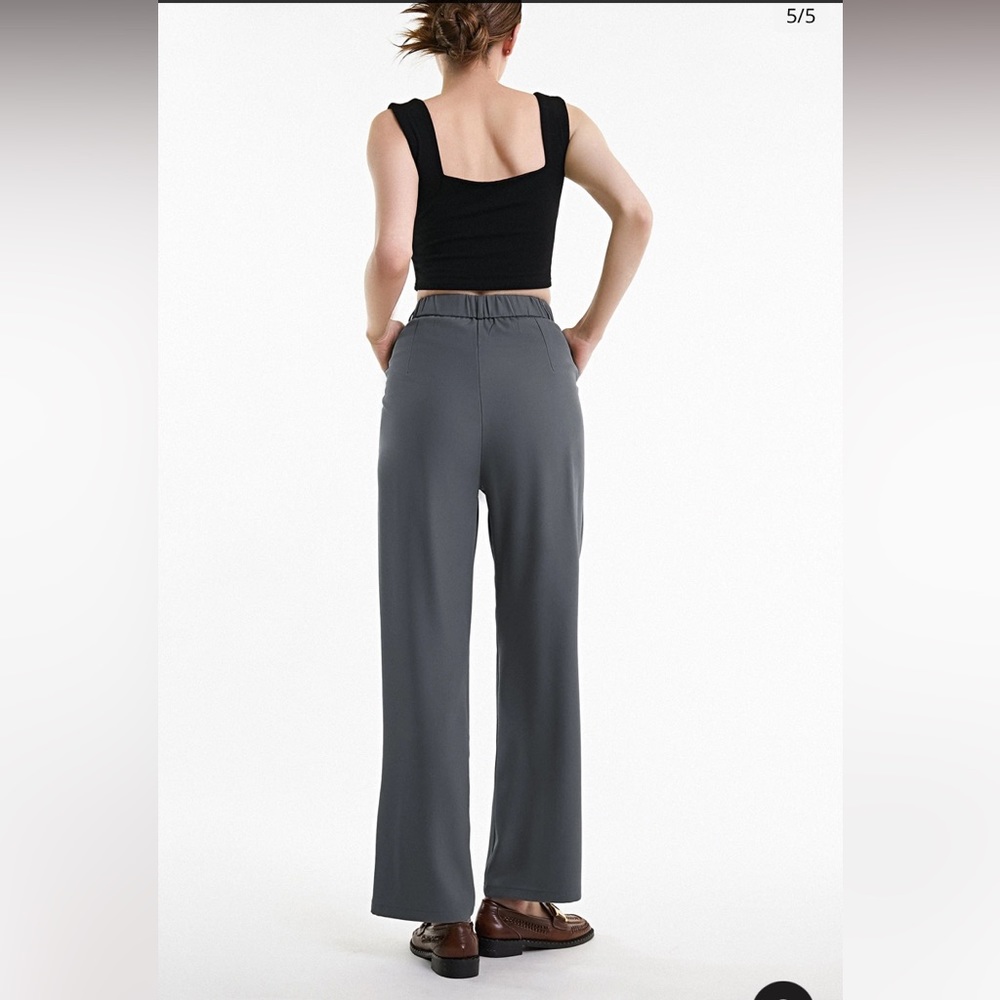 NWT J.ING Grey Half Elastic Pleat Detail Wide Leg Suit Pants - Picture 2 of 7
